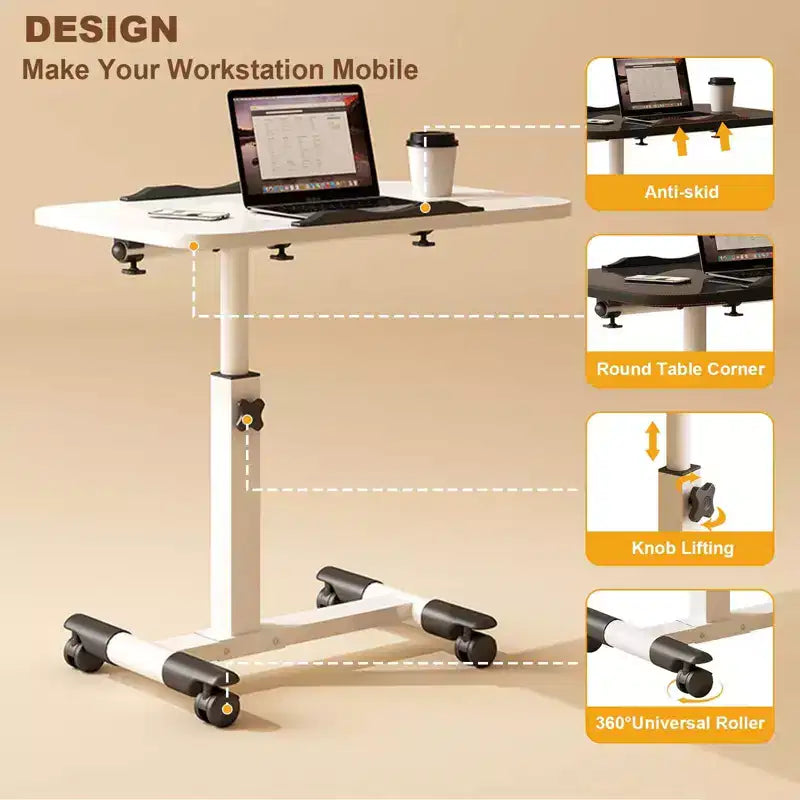 Table de lit à roulettes, table d'appoint pliable, table de chevet roulante, bureau debout à hauteur réglable, postes de travail informatiques pour le bureau à domicile