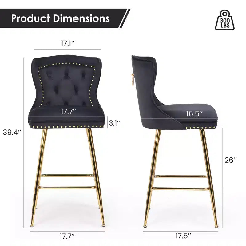 Lot de 2 tabourets de bar à hauteur de comptoir Okak en similicuir pour salles à manger, îlots de cuisine, chaises à dossier capitonné avec pieds dorés