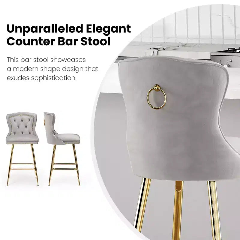Lot de 2 tabourets de bar à hauteur de comptoir Okak en similicuir pour salles à manger, îlots de cuisine, chaises à dossier capitonné avec pieds dorés