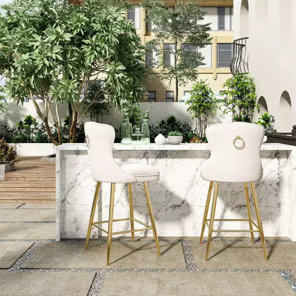 Lot de 2 tabourets de bar à hauteur de comptoir Okak en similicuir pour salles à manger, îlots de cuisine, chaises à dossier capitonné avec pieds dorés