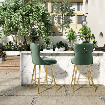 Lot de 2 tabourets de bar à hauteur de comptoir Okak en similicuir pour salles à manger, îlots de cuisine, chaises à dossier capitonné avec pieds dorés
