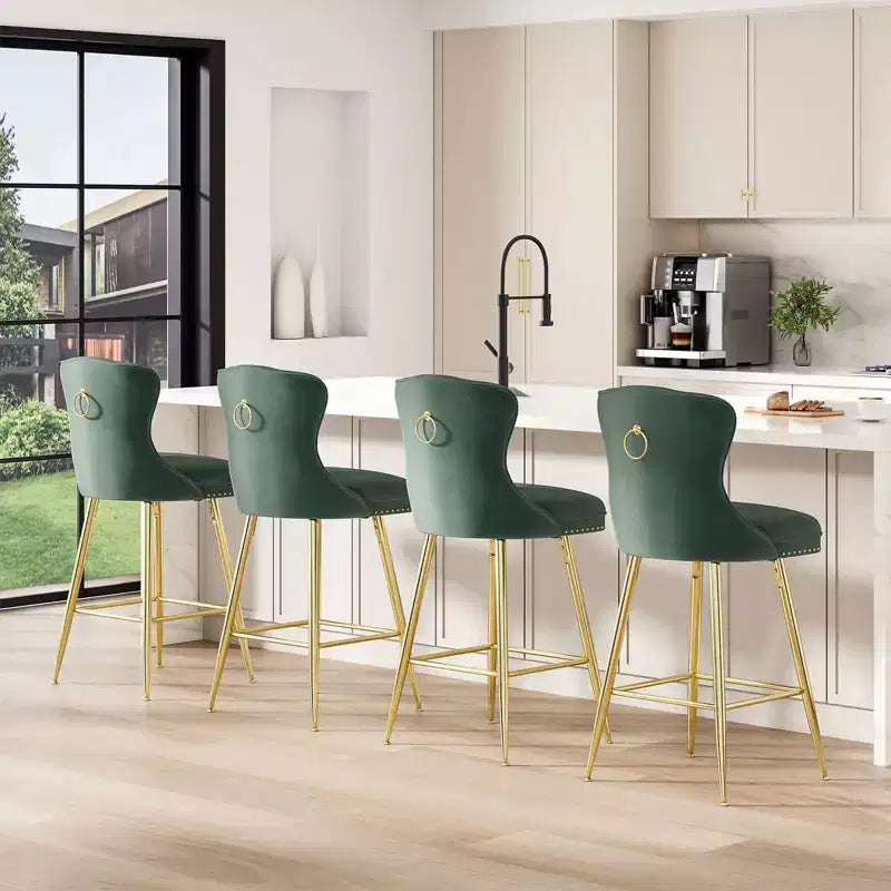 Lot de 2 tabourets de bar à hauteur de comptoir Okak en similicuir pour salles à manger, îlots de cuisine, chaises à dossier capitonné avec pieds dorés