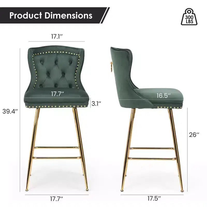 Lot de 2 tabourets de bar à hauteur de comptoir Okak en similicuir pour salles à manger, îlots de cuisine, chaises à dossier capitonné avec pieds dorés