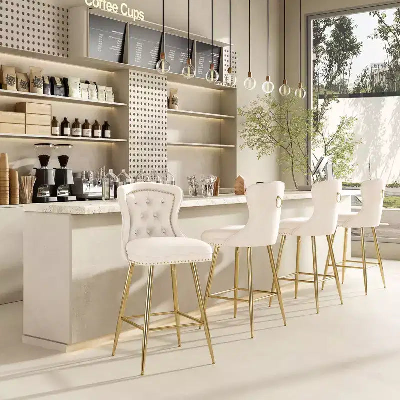 Lot de 2 tabourets de bar à hauteur de comptoir Okak en similicuir pour salles à manger, îlots de cuisine, chaises à dossier capitonné avec pieds dorés