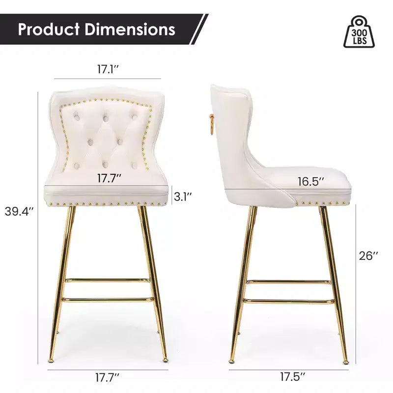 Lot de 2 tabourets de bar à hauteur de comptoir Okak en similicuir pour salles à manger, îlots de cuisine, chaises à dossier capitonné avec pieds dorés