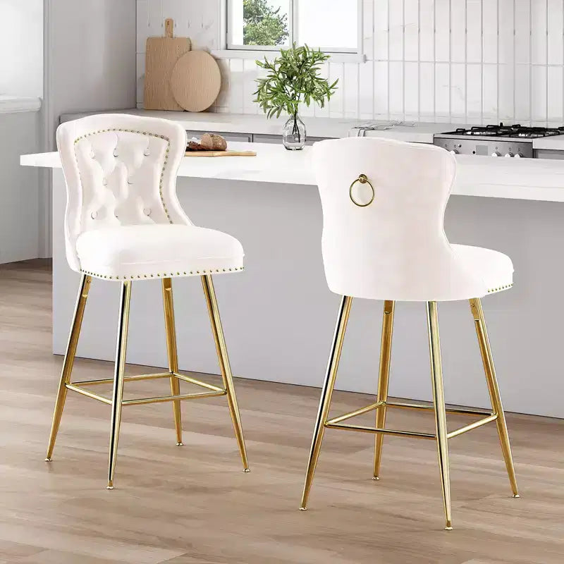 Okak Set of 2 Faux Leather Counter Height Bar Stools for Dining Rooms,Kitchen Island,Button Tufted Wing-Back Chairs with Golden Legs