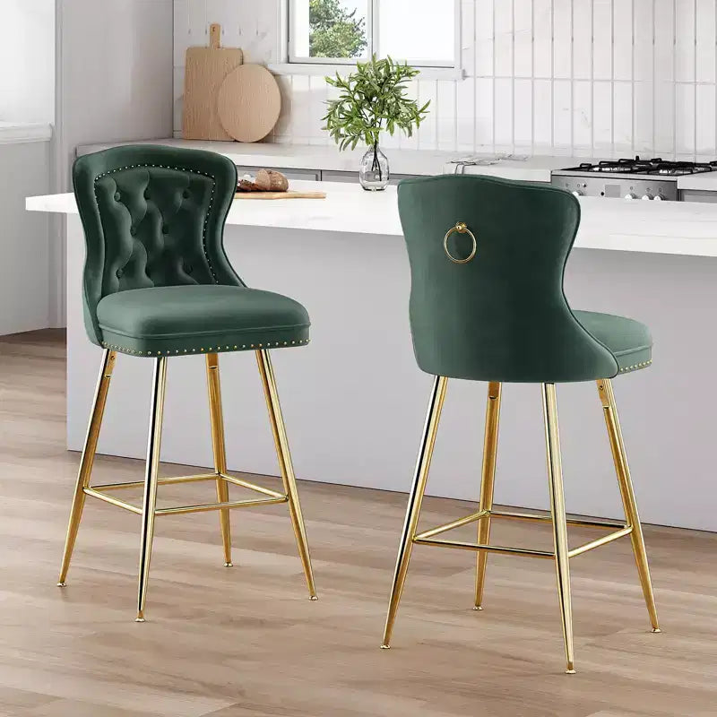 Lot de 2 tabourets de bar à hauteur de comptoir Okak en similicuir pour salles à manger, îlots de cuisine, chaises à dossier capitonné avec pieds dorés