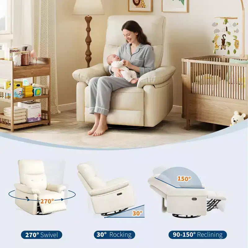 Fauteuil inclinable électrique GustoWave, fauteuil inclinable à bascule pivotant en cuir PU avec ports, fauteuil de canapé inclinable rembourré pour chambre de bébé, beige