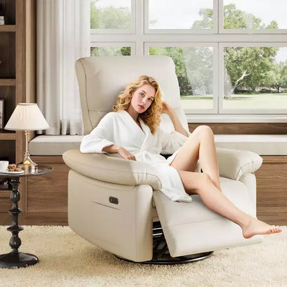 Fauteuil inclinable électrique GustoWave, fauteuil inclinable à bascule pivotant en cuir PU avec ports, fauteuil de canapé inclinable rembourré pour chambre de bébé, beige