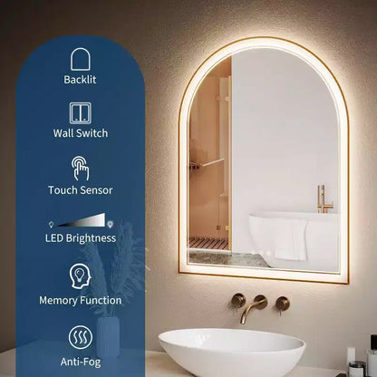 Miroir de salle de bain LED arqué, Miroir de salle de bain doré, Anti-buée, Miroir mural, Luminosité réglable, 3 températures de couleur