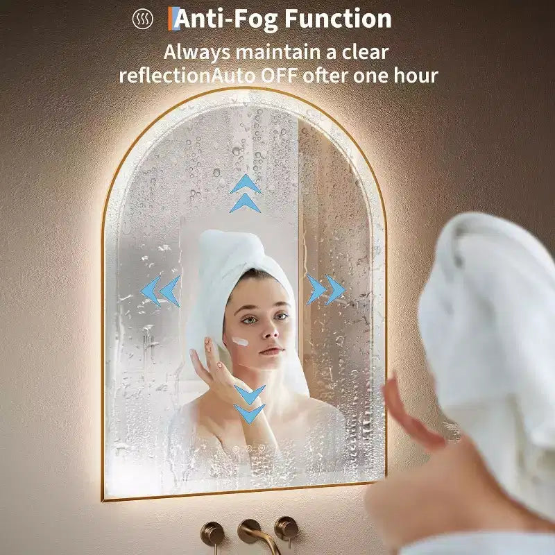 Miroir de salle de bain LED arqué, Miroir de salle de bain doré, Anti-buée, Miroir mural, Luminosité réglable, 3 températures de couleur