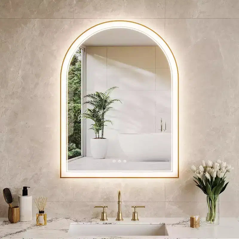 Miroir de salle de bain LED arqué, Miroir de salle de bain doré, Anti-buée, Miroir mural, Luminosité réglable, 3 températures de couleur