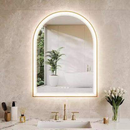 Miroir de salle de bain LED arqué, Miroir de salle de bain doré, Anti-buée, Miroir mural, Luminosité réglable, 3 températures de couleur