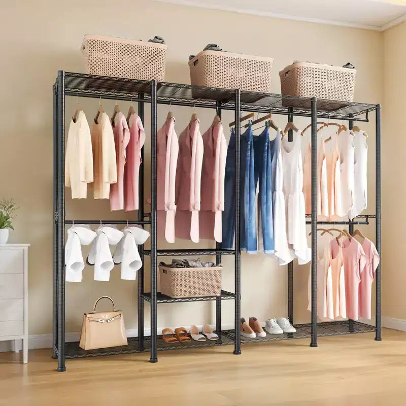 Portant à vêtements VEVOR, armoire de placard robuste, étagères réglables avec cadre en acier, capacité de charge de 500 kg avec 4 tringles, noir