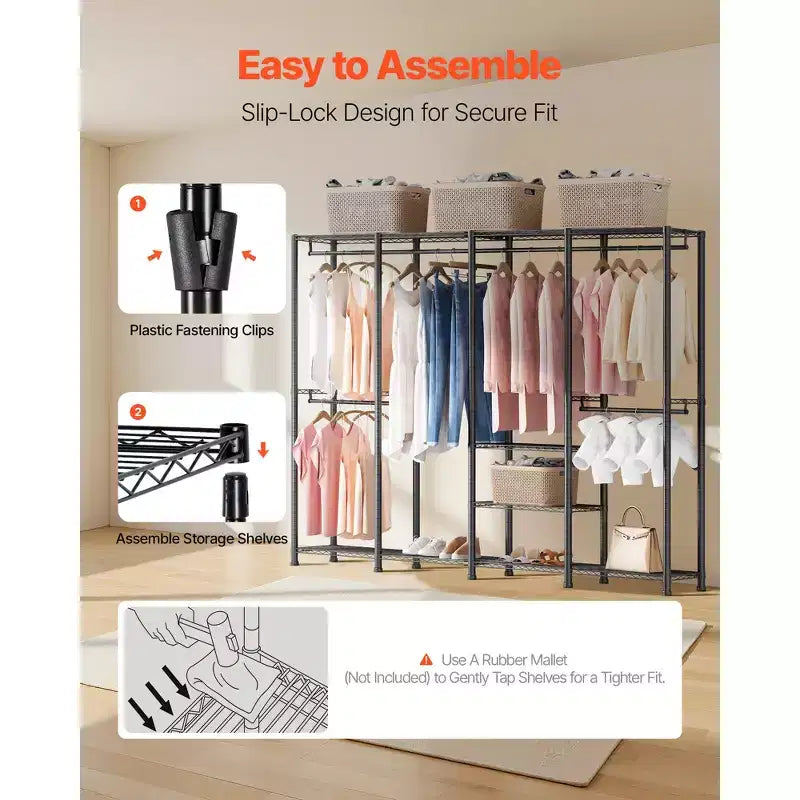 Portant à vêtements VEVOR, armoire de placard robuste, étagères réglables avec cadre en acier, capacité de charge de 500 kg avec 4 tringles, noir