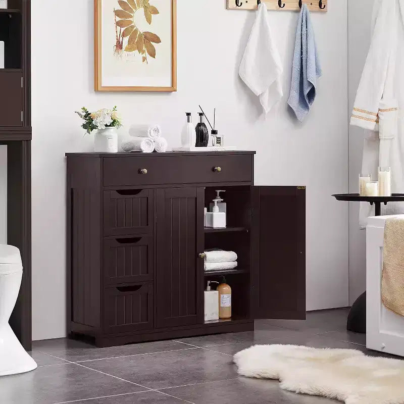 Meuble de salle de bain autoportant Dcolora, Armoire de rangement pratique avec 4 tiroirs et 2 portes