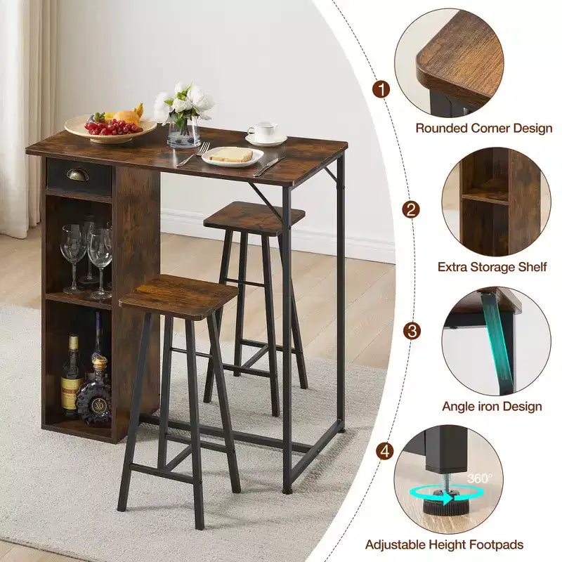 Ensemble de table de bar, ensemble de table de bar 3 pièces avec tiroir de rangement et étagère, ensemble de table peu encombrant, petite table et ensemble de 2 chaises