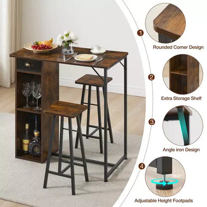 Ensemble de table de bar, ensemble de table de bar 3 pièces avec tiroir de rangement et étagère, ensemble de table peu encombrant, petite table et ensemble de 2 chaises