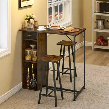 Ensemble de table de bar, ensemble de table de bar 3 pièces avec tiroir de rangement et étagère, ensemble de table peu encombrant, petite table et ensemble de 2 chaises