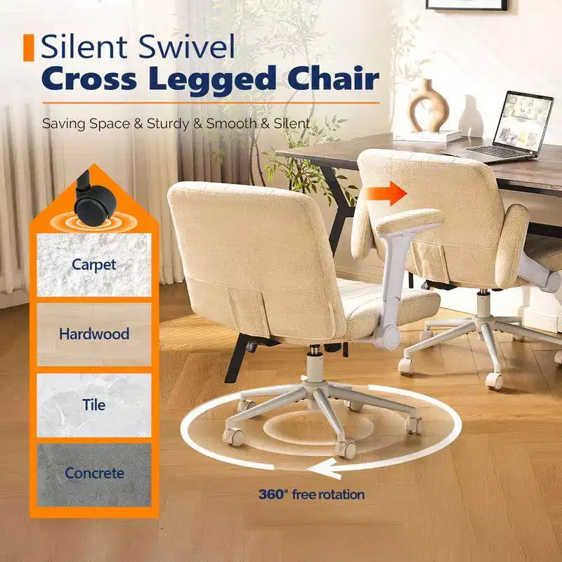 Karl Home | Fauteuil pivotant en chenille avec accoudoirs ajustables rabattables pour s'asseoir les jambes croisées