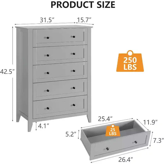Commode à 5 tiroirs pour chambre à coucher - avec tiroirs profonds et poignées métalliques, commode en bois moderne pour salon, entrée, couloir