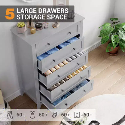 Commode à 5 tiroirs pour chambre à coucher - avec tiroirs profonds et poignées métalliques, commode en bois moderne pour salon, entrée, couloir