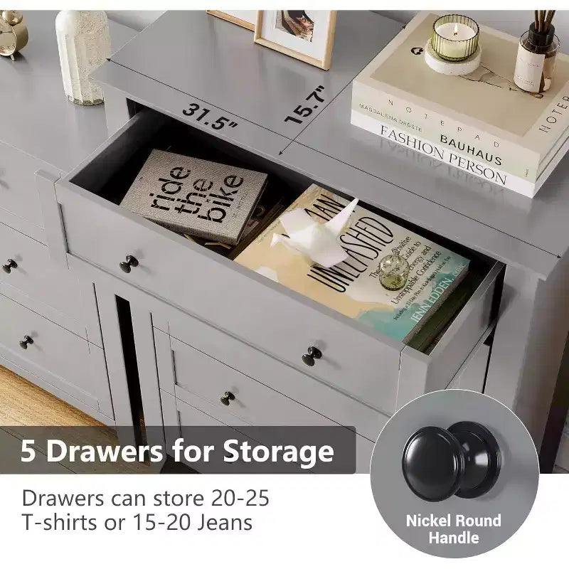 Commode à 5 tiroirs pour chambre à coucher - avec tiroirs profonds et poignées métalliques, commode en bois moderne pour salon, entrée, couloir