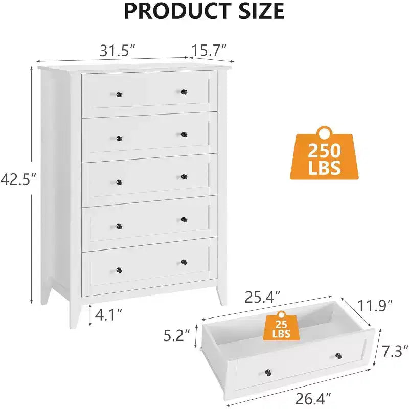 Commode à 5 tiroirs pour chambre à coucher - avec tiroirs profonds et poignées métalliques, commode en bois moderne pour salon, entrée, couloir