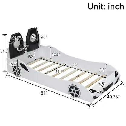 Lit plate-forme Bellemave en forme de voiture de course, taille double, avec LED et dossier rembourré, blanc