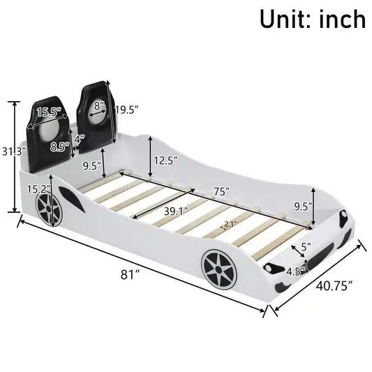 Lit plate-forme Bellemave en forme de voiture de course, taille double, avec LED et dossier rembourré, blanc