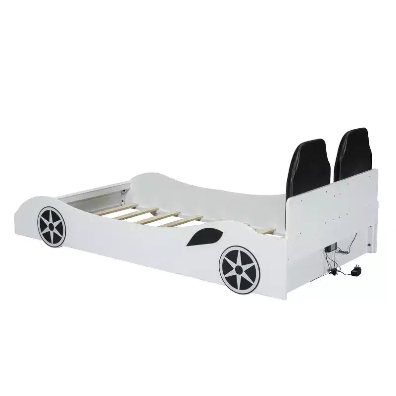 Lit plate-forme Bellemave en forme de voiture de course, taille double, avec LED et dossier rembourré, blanc
