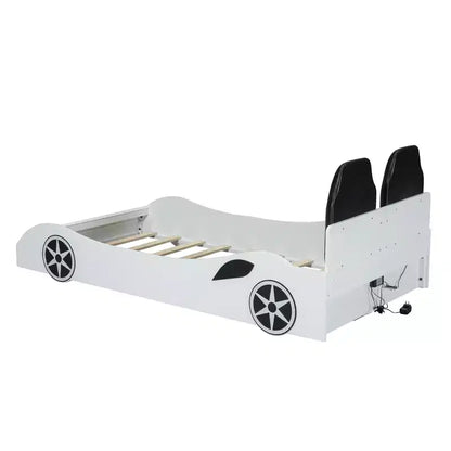 Lit plate-forme Bellemave en forme de voiture de course, taille double, avec LED et dossier rembourré, blanc