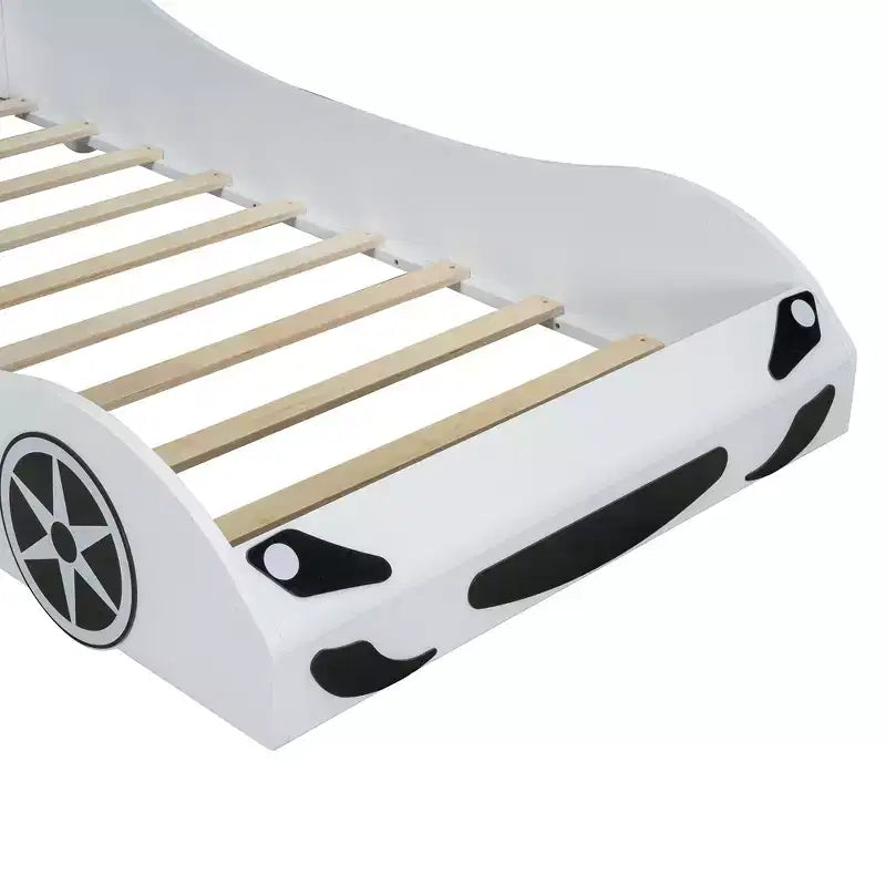 Lit plate-forme Bellemave en forme de voiture de course, taille double, avec LED et dossier rembourré, blanc
