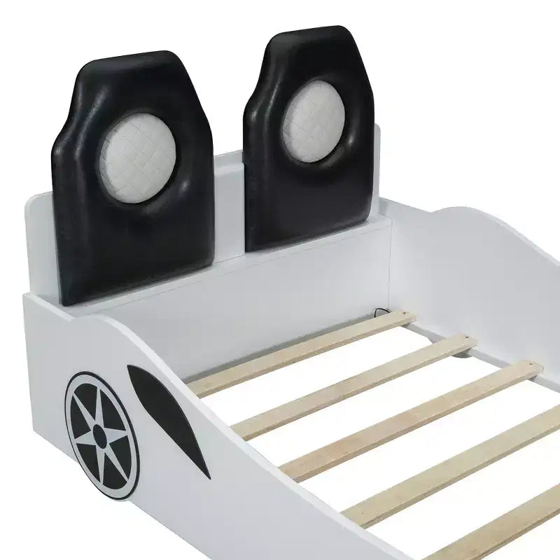 Lit plate-forme Bellemave en forme de voiture de course, taille double, avec LED et dossier rembourré, blanc
