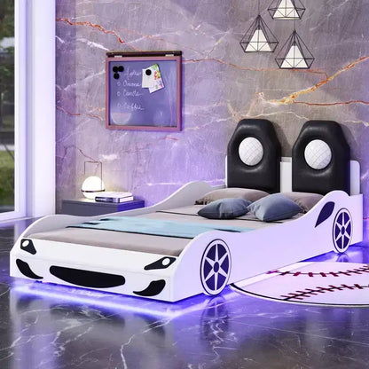 Lit plate-forme Bellemave en forme de voiture de course, taille double, avec LED et dossier rembourré, blanc