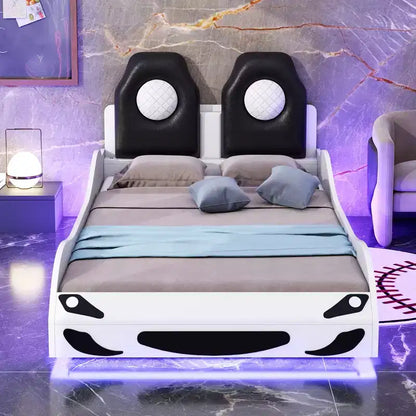 Lit plate-forme Bellemave en forme de voiture de course, taille double, avec LED et dossier rembourré, blanc