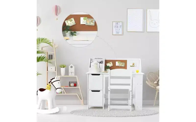 Ensemble de chaise de bureau blanche GustoWave avec étagère, tableau d'affichage et armoires idéal pour les garçons et les filles de 3 à 8 ans