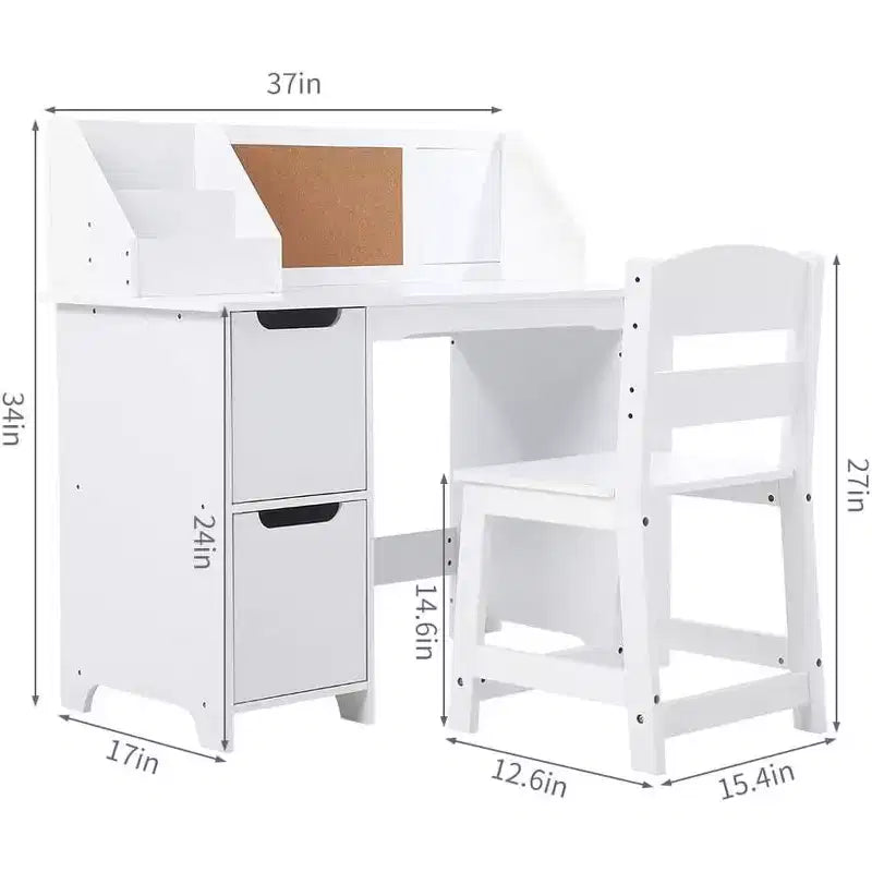 Ensemble de chaise de bureau blanche GustoWave avec étagère, tableau d'affichage et armoires idéal pour les garçons et les filles de 3 à 8 ans
