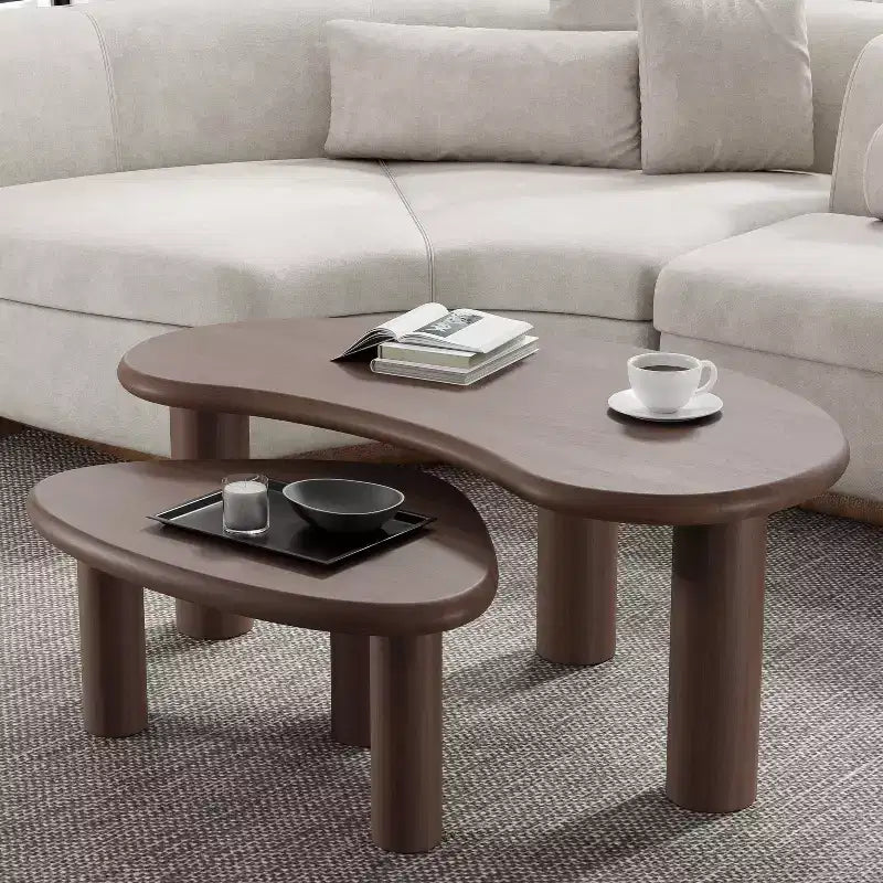 PexFix 34 Tables Basses Gigognes Modernes Noyer Ensemble 2 Pièces Tables d'Appoint en Bois Massif de Forme Organique Irrégulière pour Maison Bureau Salon & Chambre