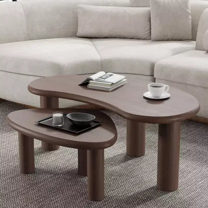 PexFix 34 Tables Basses Gigognes Modernes Noyer Ensemble 2 Pièces Tables d'Appoint en Bois Massif de Forme Organique Irrégulière pour Maison Bureau Salon & Chambre