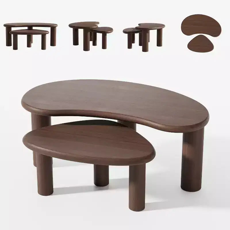 PexFix 34 Tables Basses Gigognes Modernes Noyer Ensemble 2 Pièces Tables d'Appoint en Bois Massif de Forme Organique Irrégulière pour Maison Bureau Salon & Chambre
