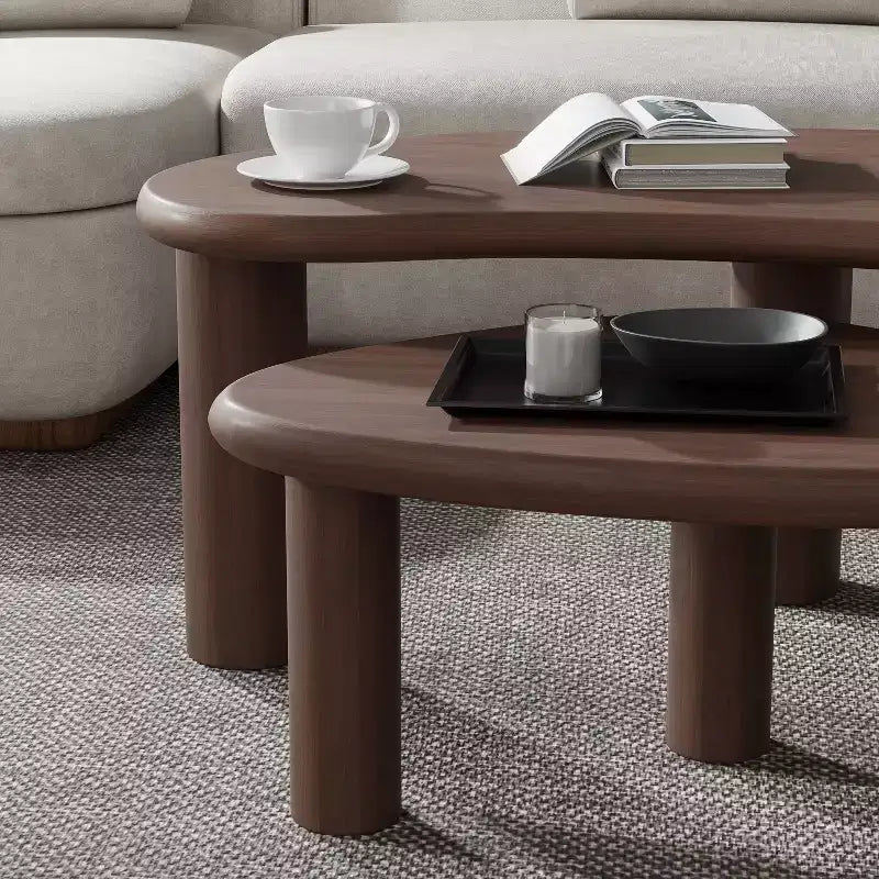 PexFix 34 Tables Basses Gigognes Modernes Noyer Ensemble 2 Pièces Tables d'Appoint en Bois Massif de Forme Organique Irrégulière pour Maison Bureau Salon & Chambre