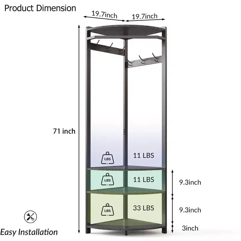 Porte-manteau d'angle CuisinSmart, arbre d'entrée d'angle avec banc à chaussures et étagère et 6 crochets doubles pour entrée, couloir, salle de bain, placard