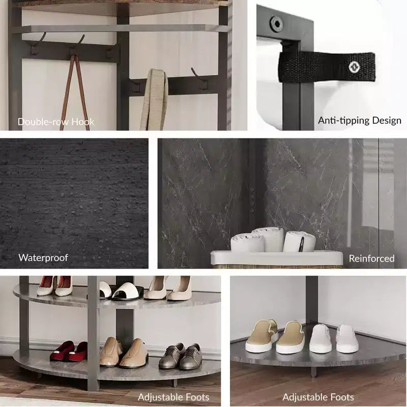 Porte-manteau d'angle CuisinSmart, arbre d'entrée d'angle avec banc à chaussures et étagère et 6 crochets doubles pour entrée, couloir, salle de bain, placard