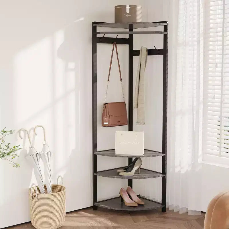 Porte-manteau d'angle CuisinSmart, arbre d'entrée d'angle avec banc à chaussures et étagère et 6 crochets doubles pour entrée, couloir, salle de bain, placard