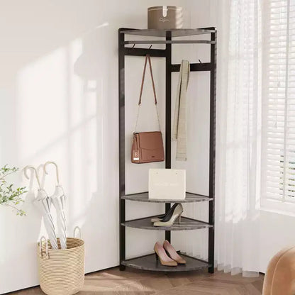 Porte-manteau d'angle CuisinSmart, arbre d'entrée d'angle avec banc à chaussures et étagère et 6 crochets doubles pour entrée, couloir, salle de bain, placard