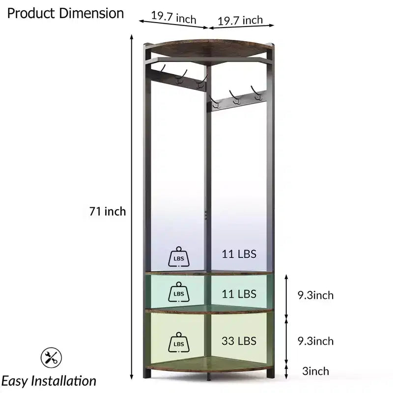 Porte-manteau d'angle CuisinSmart, arbre d'entrée d'angle avec banc à chaussures et étagère et 6 crochets doubles pour entrée, couloir, salle de bain, placard