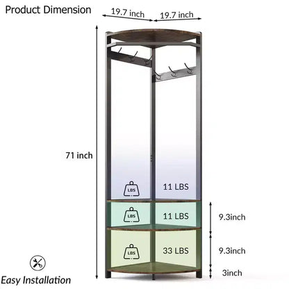 Porte-manteau d'angle CuisinSmart, arbre d'entrée d'angle avec banc à chaussures et étagère et 6 crochets doubles pour entrée, couloir, salle de bain, placard