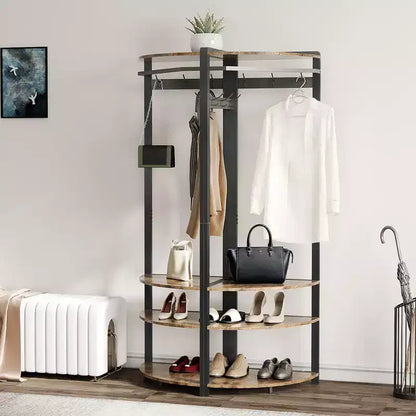 Porte-manteau d'angle CuisinSmart, arbre d'entrée d'angle avec banc à chaussures et étagère et 6 crochets doubles pour entrée, couloir, salle de bain, placard