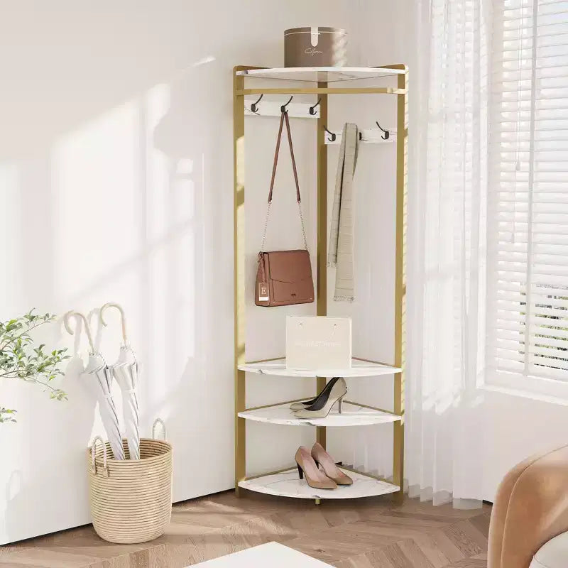 Porte-manteau d'angle CuisinSmart, arbre d'entrée d'angle avec banc à chaussures et étagère et 6 crochets doubles pour entrée, couloir, salle de bain, placard